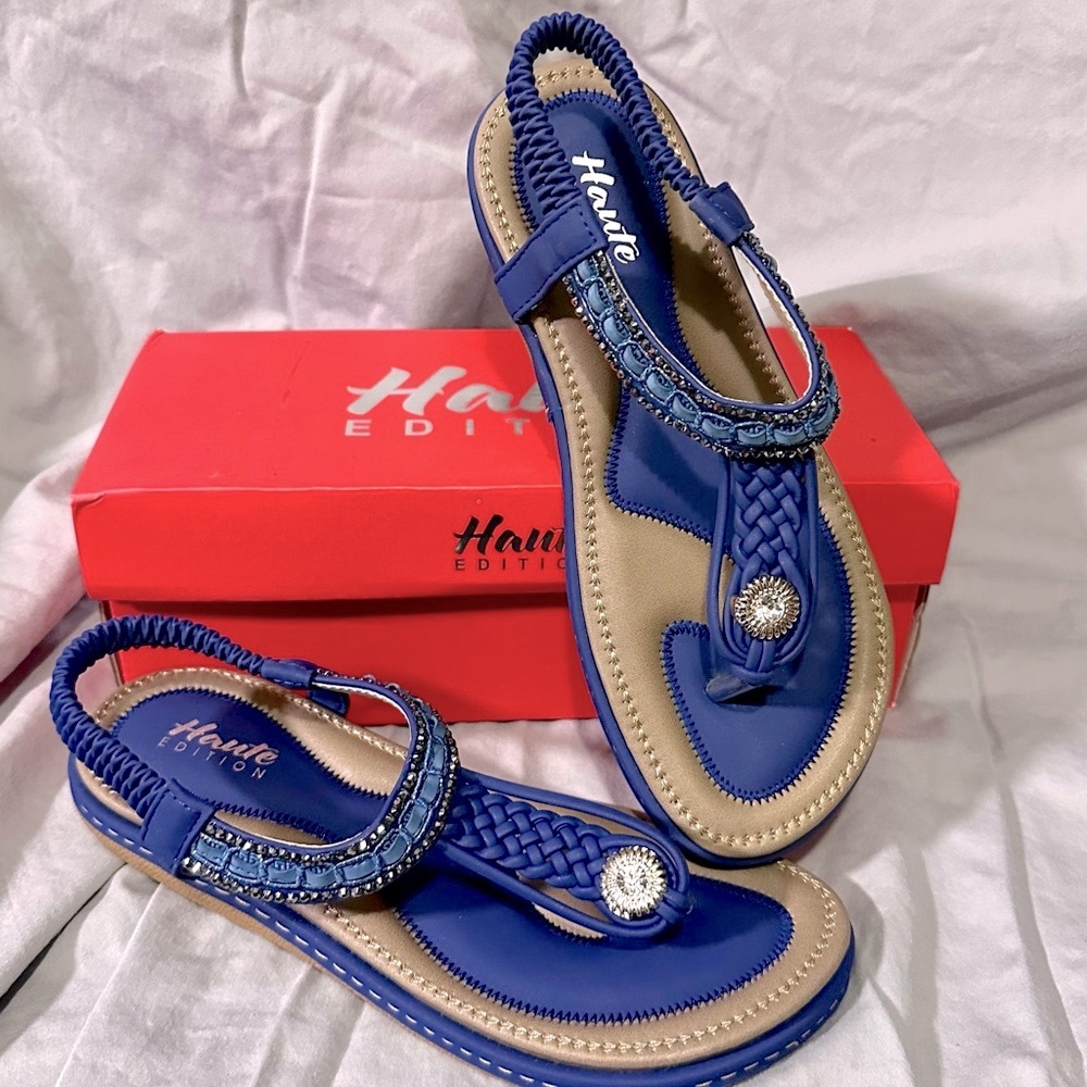 Haute Edition Slip On Blue Sandals with Beaded Detail NIB Size 6